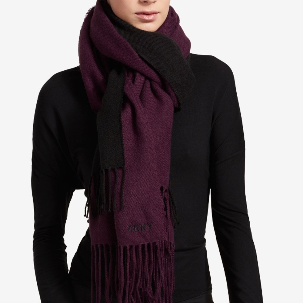 DKNY Oversized Double panel Scarf Wrap Burgundy Black NWT